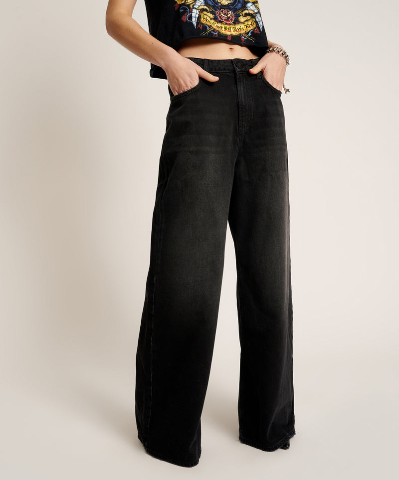 One Teaspoon - Love Machines Mid Waist Super Wide Leg Jeans - Washed Black