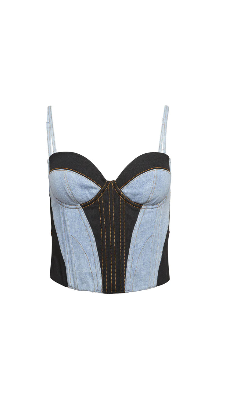 Fleur Du Mal - Two Tone Denim Bustier - Black Lightwash Denim