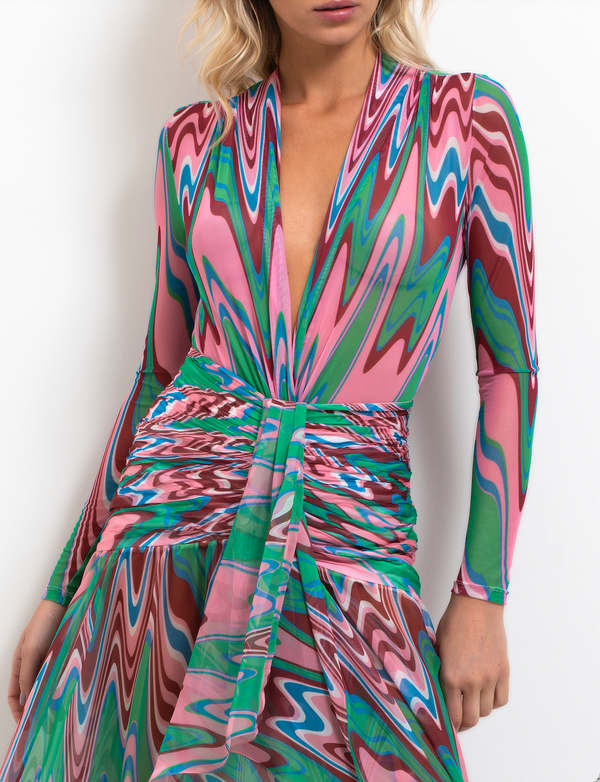 Patbo - Wave Printed Tulle Bodysuit - Green Multi