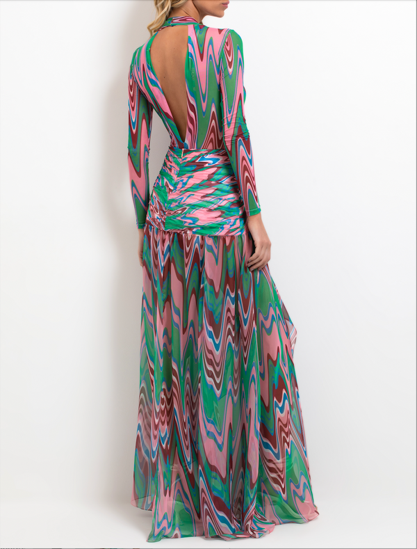 Patbo - Wave Printed Tulle Bodysuit - Green Multi