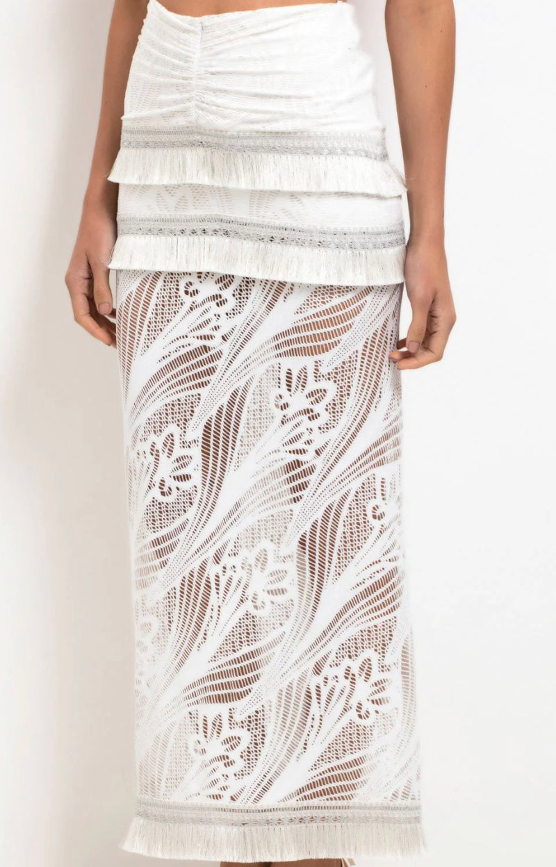 Patbo - Metallic Fringe Trim Lace Maxi Skirt - White