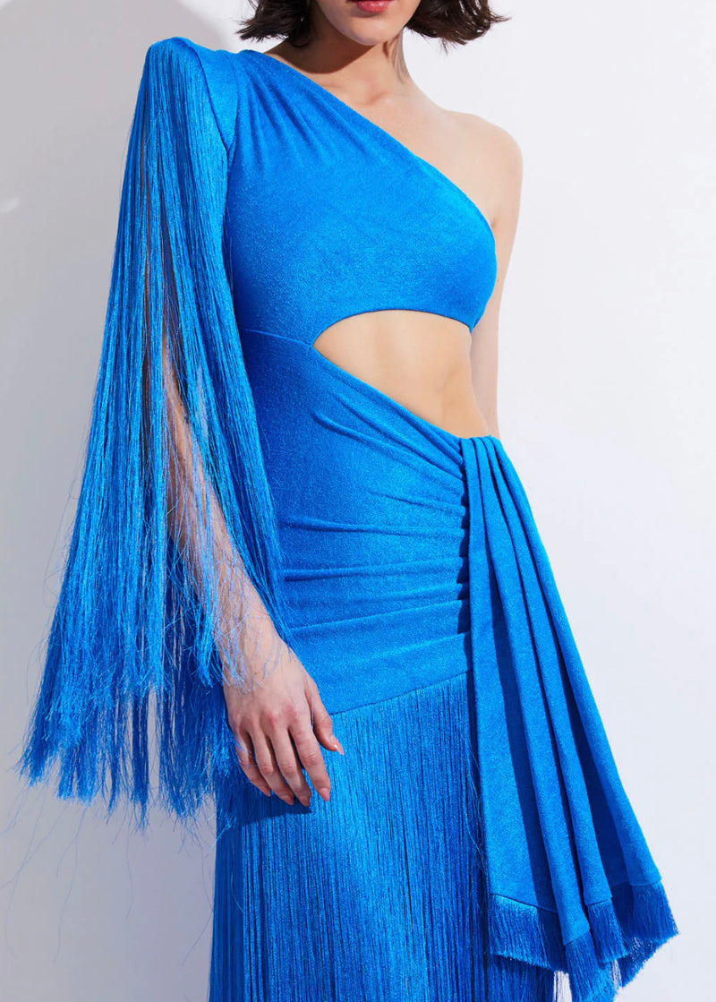 Patbo - Fringe Trim One Shoulder Maxi Dress - Cobalt