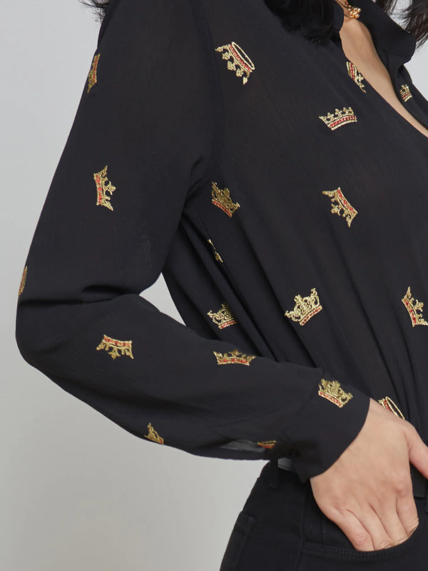 L’agence - Laurent L/S Shirt - Black Gold Crown Embroidery