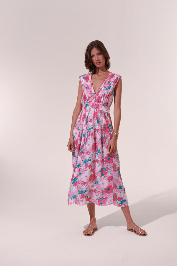 Poupette St. Barth - Long Dress Agnes - Pink Flower Mix