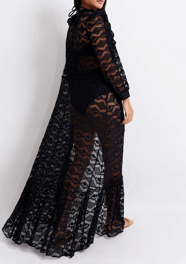 Patbo - Crochet Tie Front Robe - Black