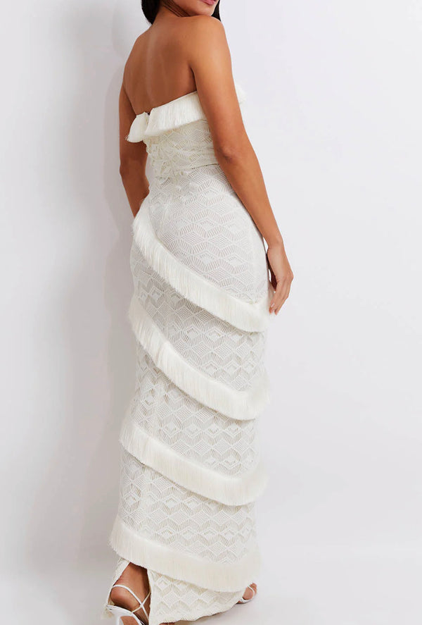 Patbo - Crochet Strapless Fringe Trim Maxi Dress - White