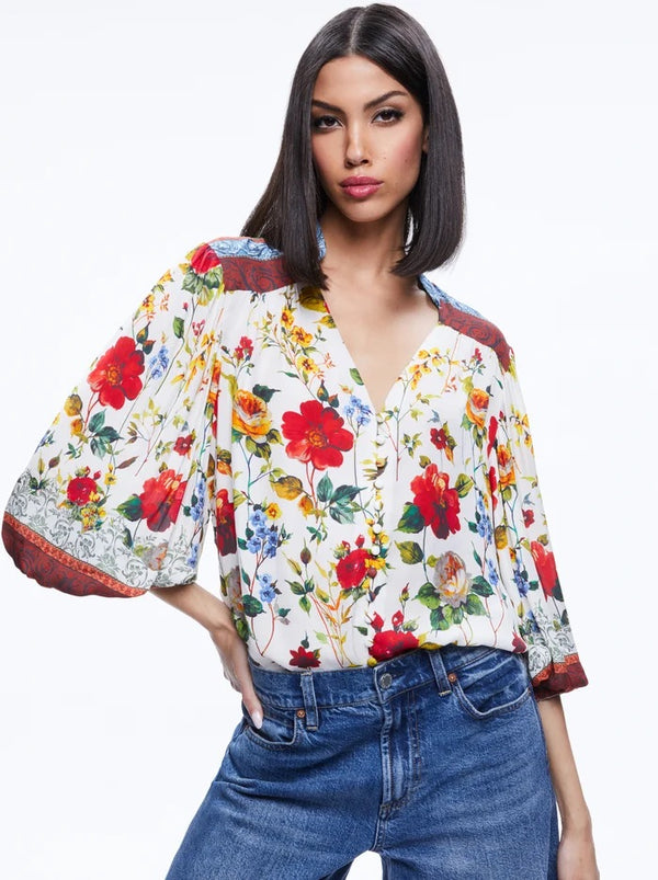 Alice + Olivia - Serena Button Front Blouson Sleeve Top - Dew Floral
