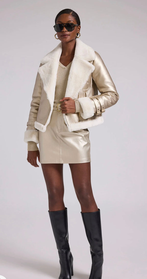 Generation Love - Dion Faux Fur Stearling Moto Jacket - Pale Gold/white
