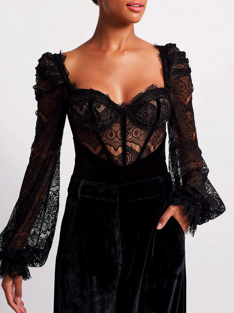Velvet and Lace Snap Crotch Bodysuit | The Life of the Party