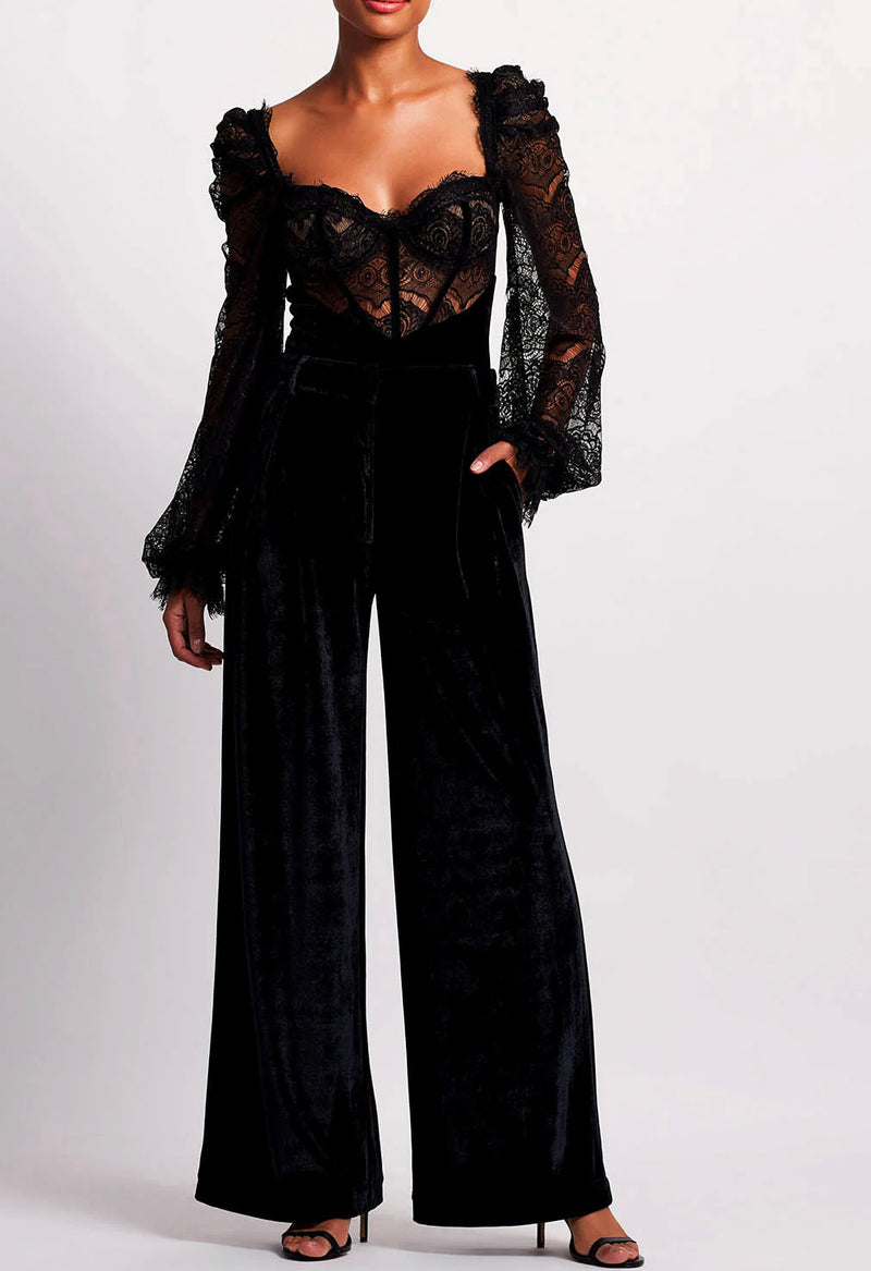 Patbo - Lace and Velvet Bodysuit -  Black