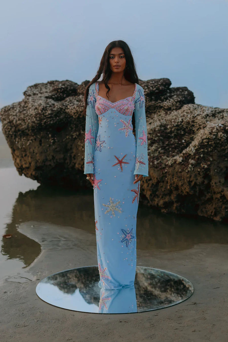 Oceanus - Crescent Shell Bell Sleeve Dress - Blue