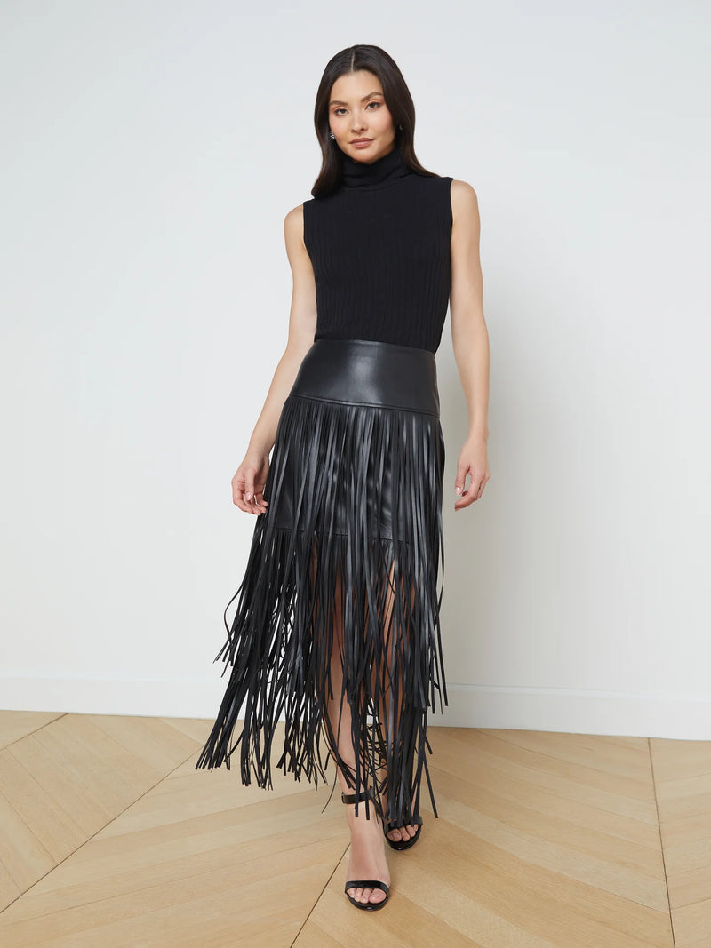 Skirt For Women Black Fringe PU Leather Mid-calf Length Autumn And