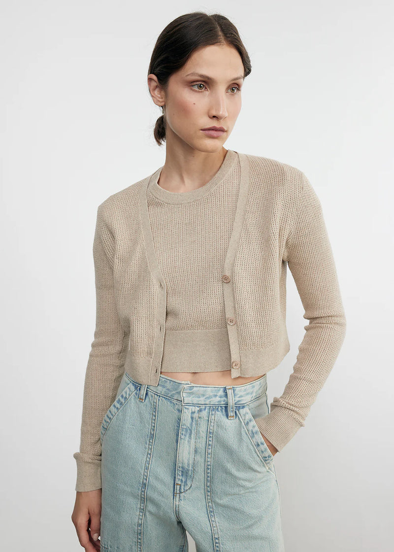 Enza Costa - Linen Open Knit Cropped V Neck Cardigan - Basalt