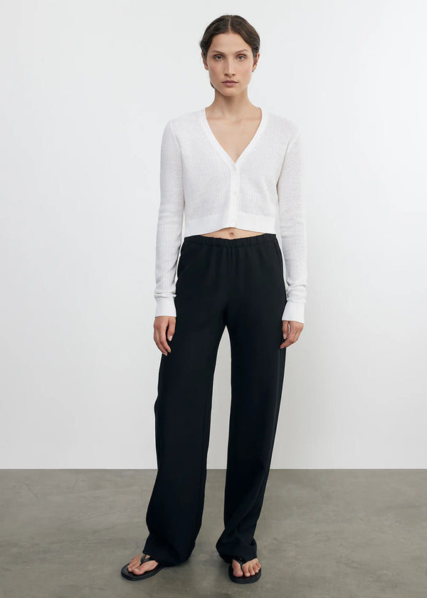 Enza Costa - Linen Open Knit Cropped V Neck Cardigan - White