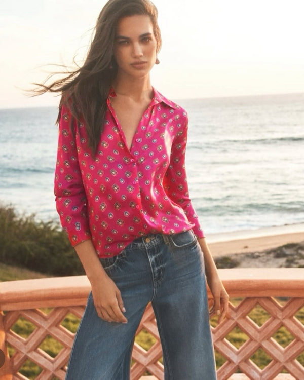L'agence - Tyler Silk Blouse - Fuchsia/Turquoise Southwestern Geo