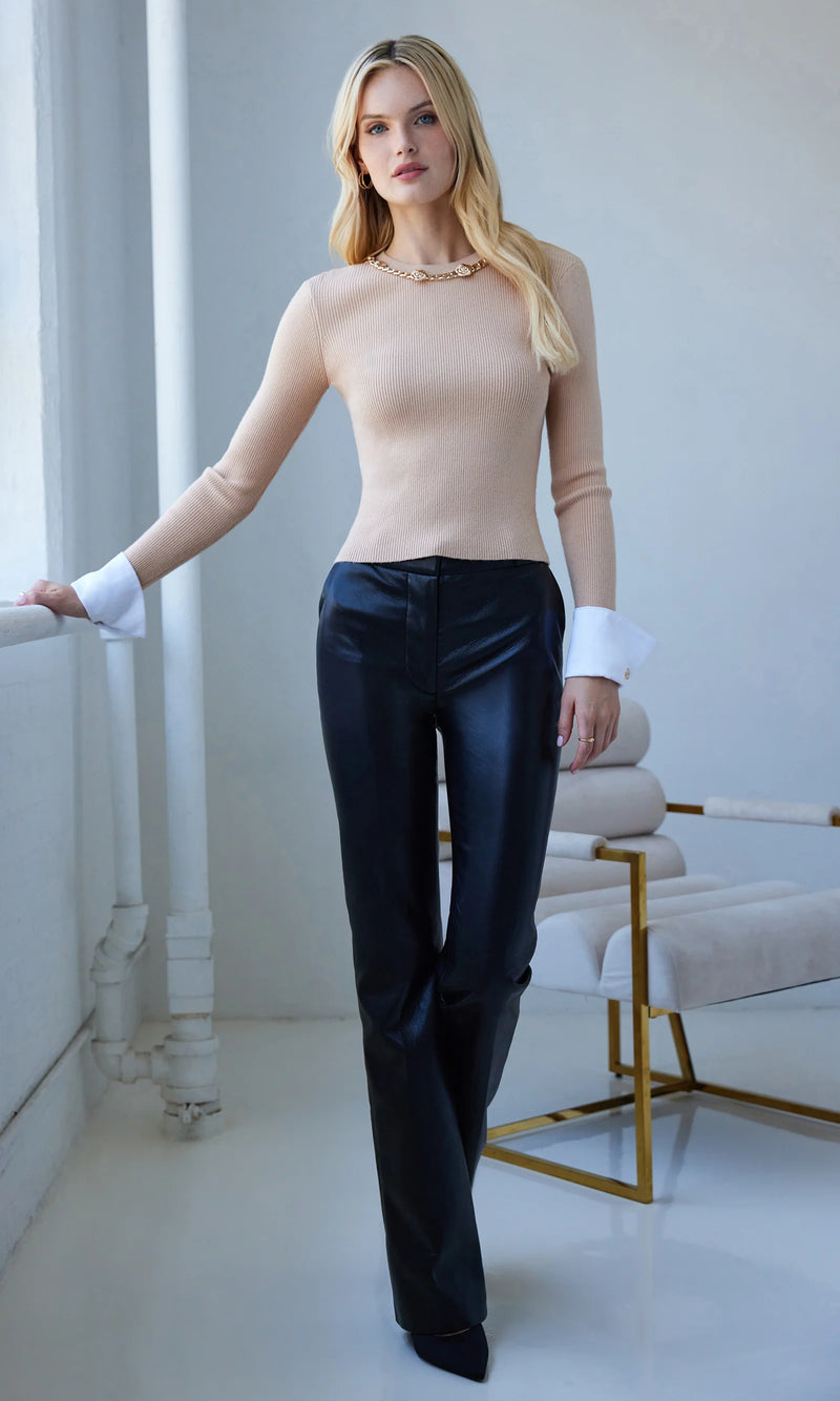 Generation Love - Leiber Rib Sweater With Poplin Cuff - Camel