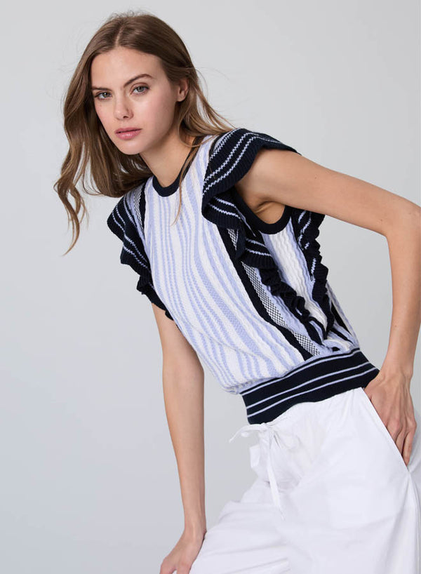 Autumn Cashmere - Striped Texture Stitch Crew w/ Ruffles - Navy Blue Combo