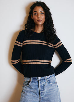 Autumn Cashmere - Cropped Panel Rib Crew - Navy Blue/Camel