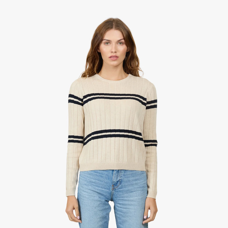 Autumn Cashmere - Cropped Panel Rib Crew - Natural/Navy Blue