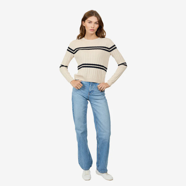 Autumn Cashmere - Cropped Panel Rib Crew - Natural/Navy Blue