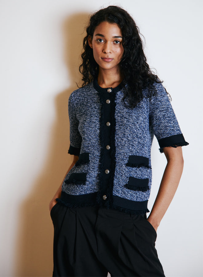 Autumn Cashmere - Short Sleeve Fringe Trimmed Jacket - Navy Blue Combo