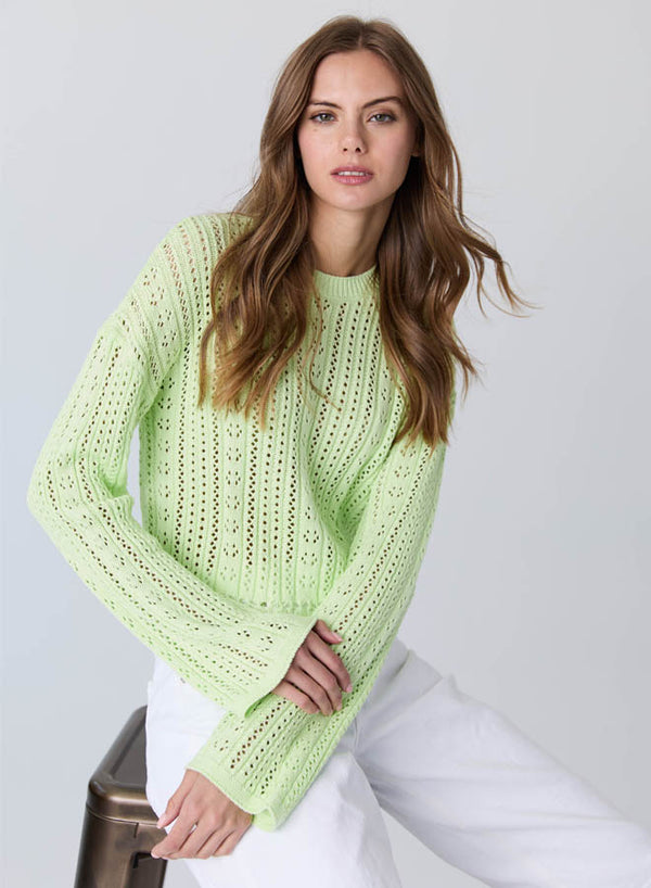 Autumn Cashmere - Cropped Bell Sleeve Pointelle Crew - Aloe