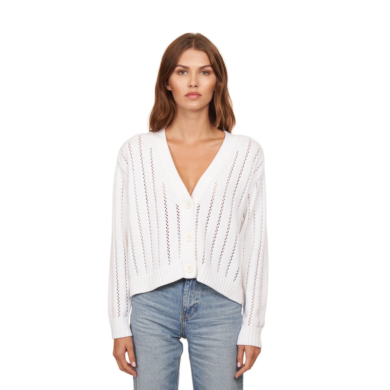 Autumn Cashmere - Cropped V-Neck Cardigan w/ Pointelle Ladder Stitch - Bleach White