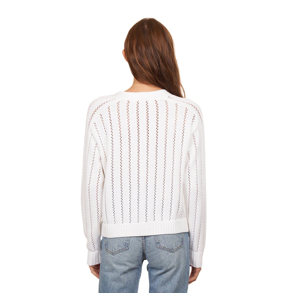 Autumn Cashmere - Cropped V-Neck Cardigan w/ Pointelle Ladder Stitch - Bleach White