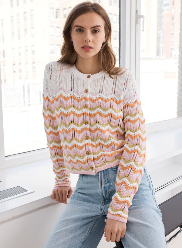 Boxy Zig Zag Stitch Crew Neck Cardigan