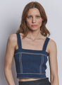 Autumn Cashmere - Cropped Top Stitched Tank - Denim//Camel