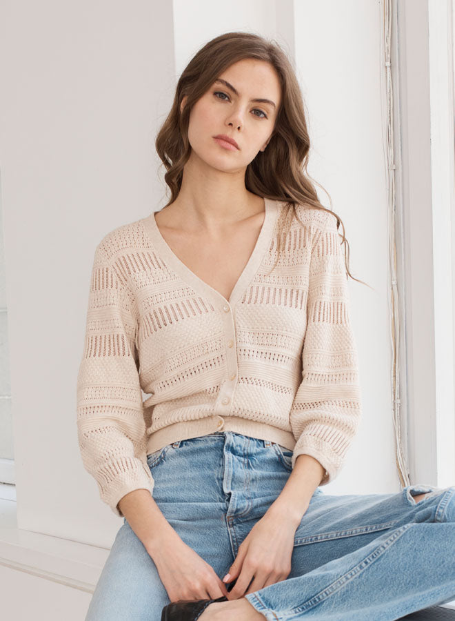 Pointelle 3/4 Puff Sleeve Cardigan