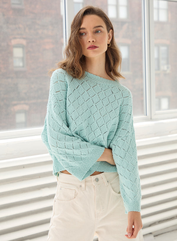 Autumn Cashmere - Diamond Stitch Boxy Bracelet Sleeve Crew - Aqua