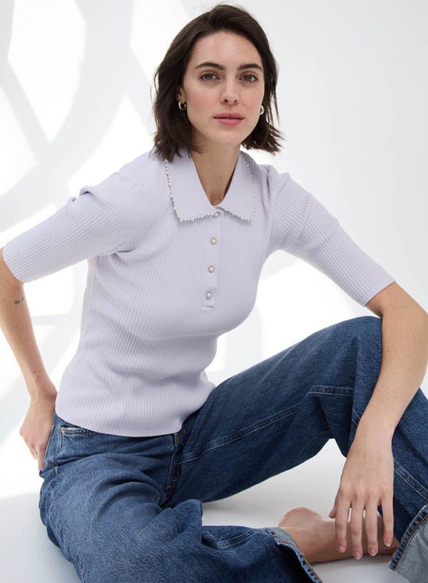 Autumn Cashmere - Pearl Trimmed Polo - Ice Lavender