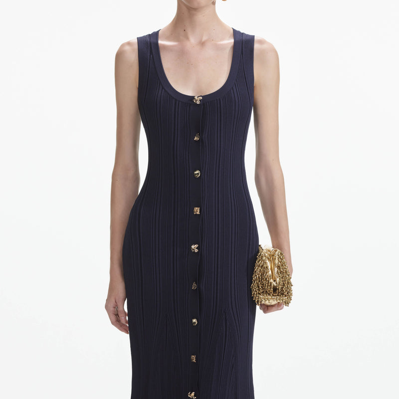 Self-portrait - Viscose Knit Midi Dress - Navy