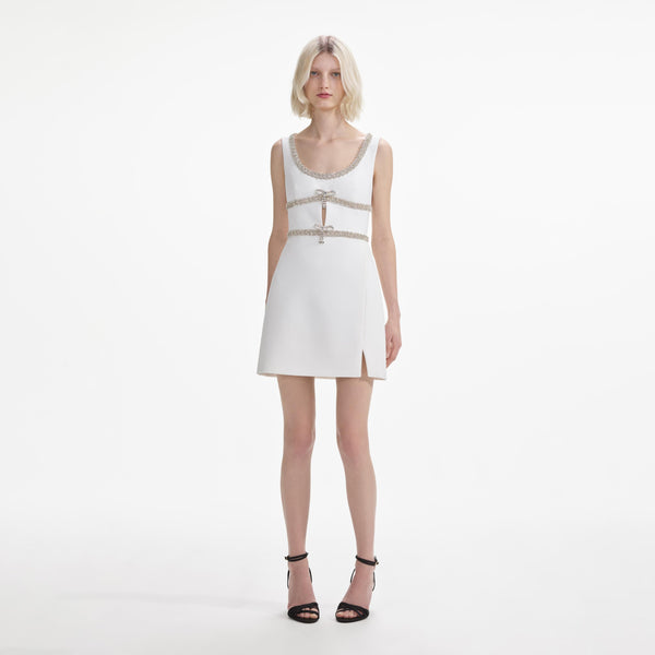 Self-portrait - Embellished Bow Trim Mini Dress - White