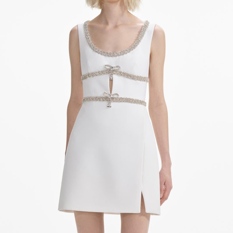 Self-portrait - Embellished Bow Trim Mini Dress - White