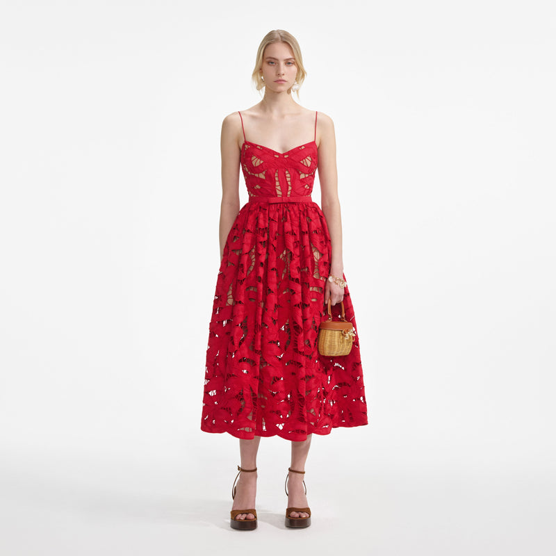 Self-portrait - Bow Embroidered Midi Dress - Red