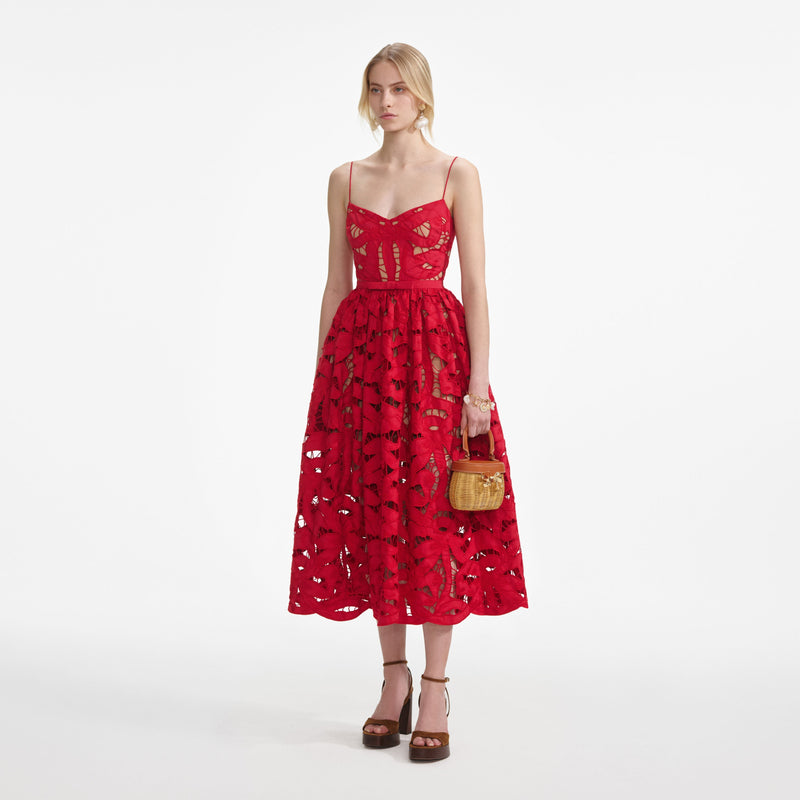 Self-portrait - Bow Embroidered Midi Dress - Red