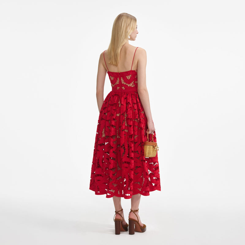 Self-portrait - Bow Embroidered Midi Dress - Red