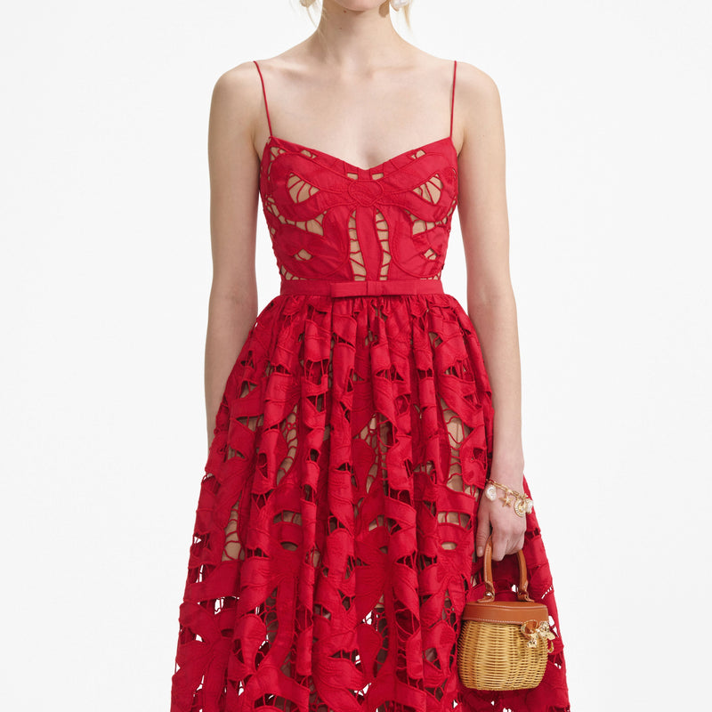 Self-portrait - Bow Embroidered Midi Dress - Red
