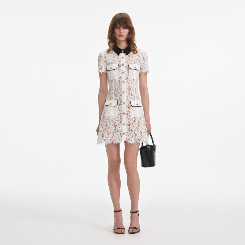 Self-portrait - White Lace Contrast Collar Mini Dress - White
