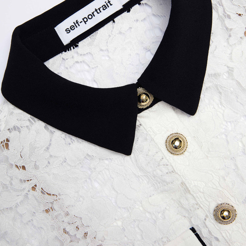 Self-portrait - White Lace Contrast Collar Mini Dress - White