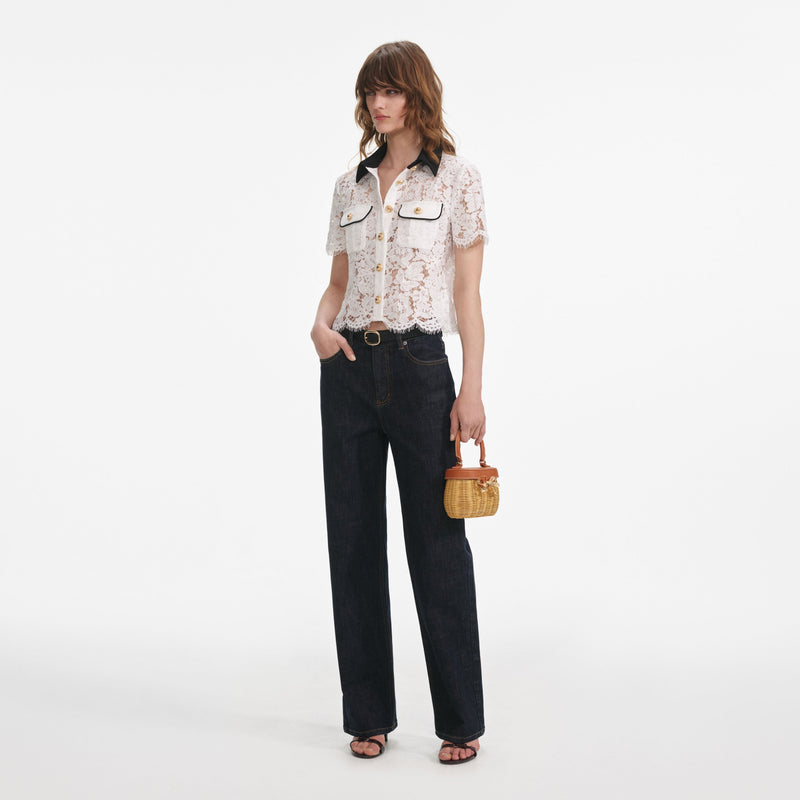 Self-portrait - Contrast Collar Top - White Lace