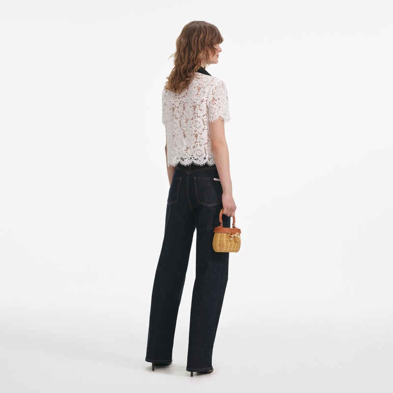 Self-portrait - Contrast Collar Top - White Lace