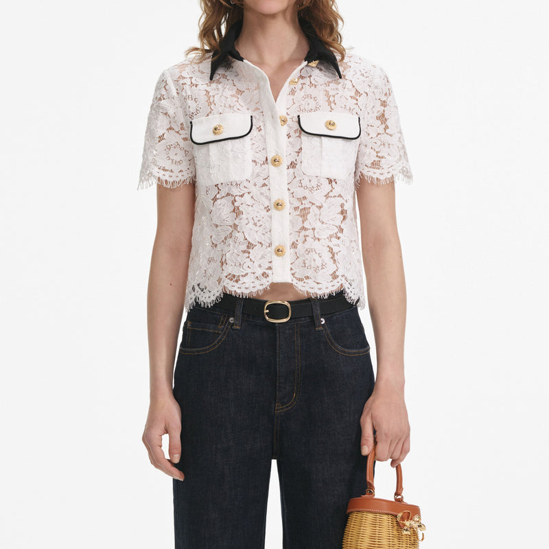 Self-portrait - Contrast Collar Top - White Lace