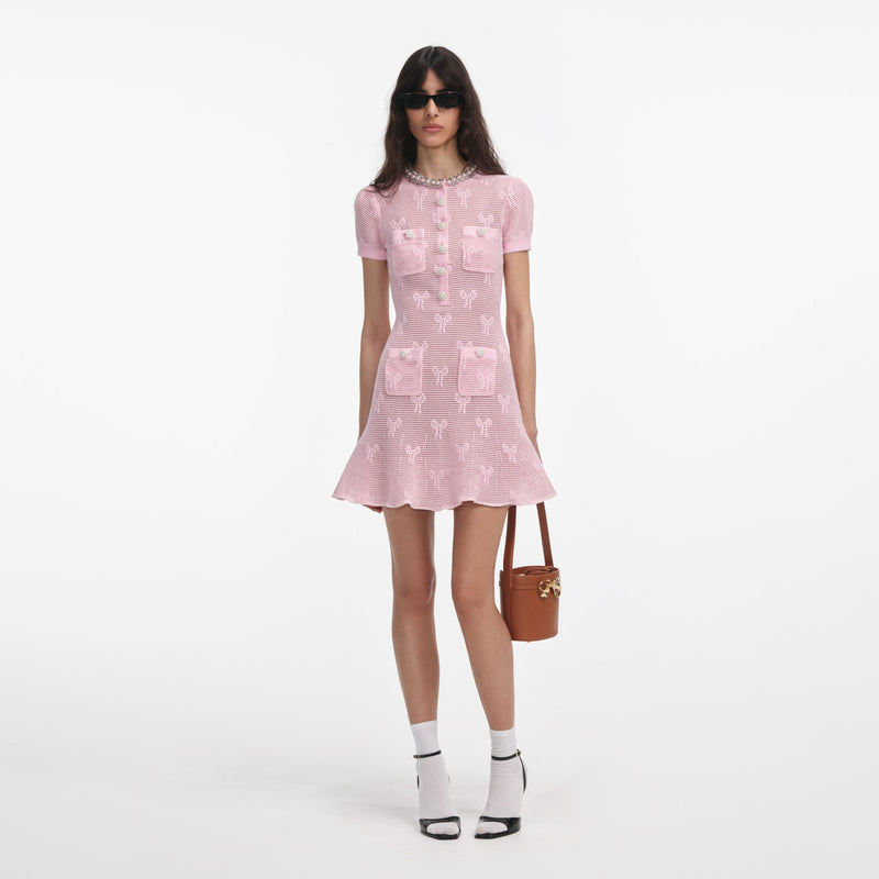 Self-portrait - Bow Crochet Crystal Trim Mini Dress - Pink
