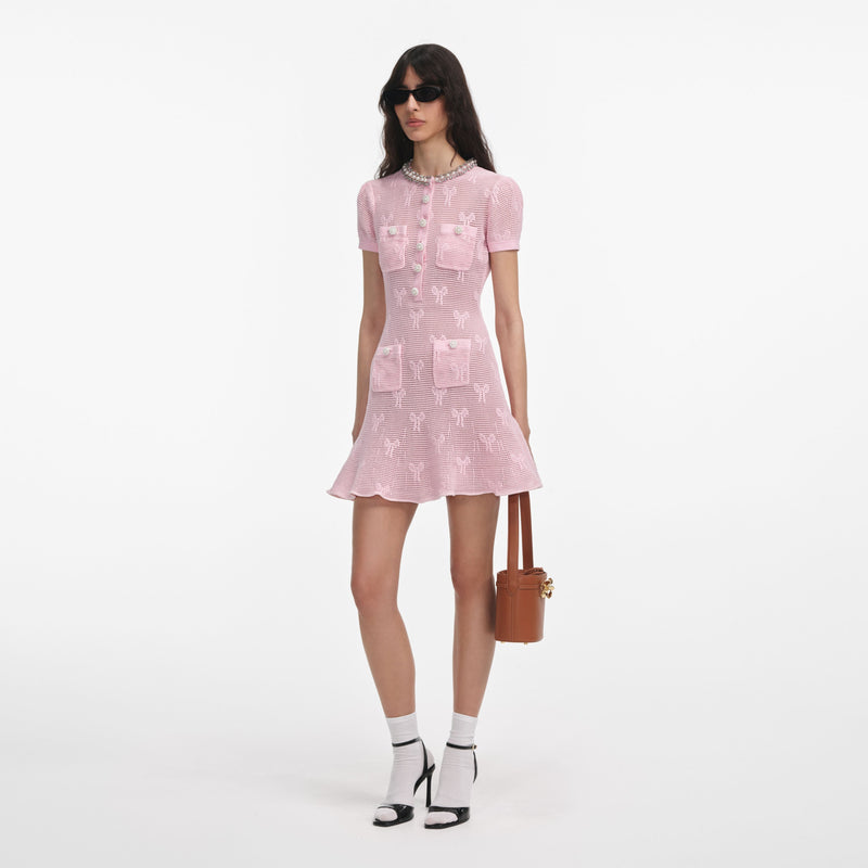 Self-portrait - Bow Crochet Crystal Trim Mini Dress - Pink