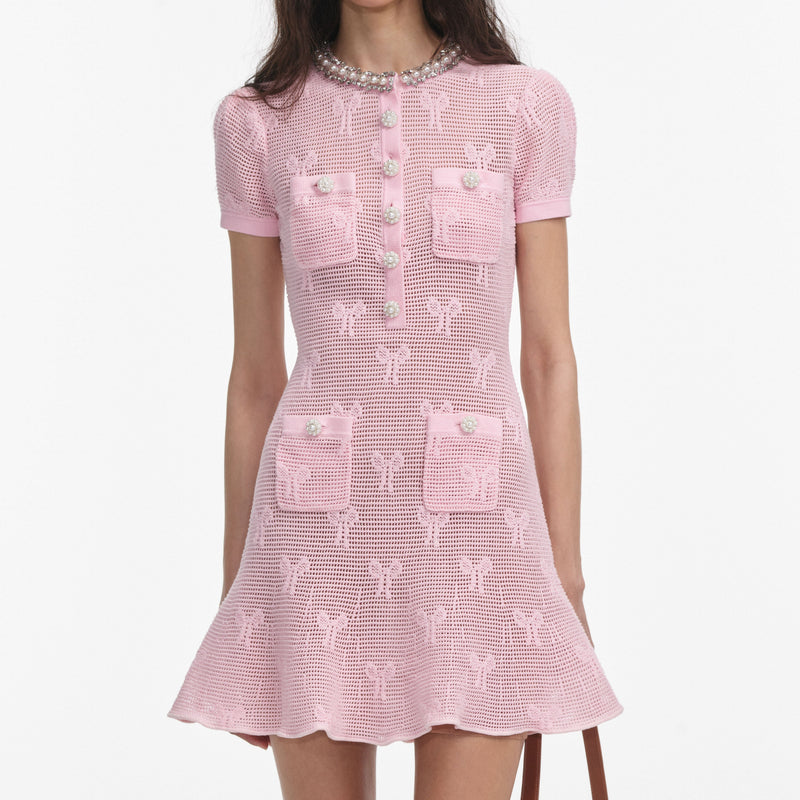 Self-portrait - Bow Crochet Crystal Trim Mini Dress - Pink