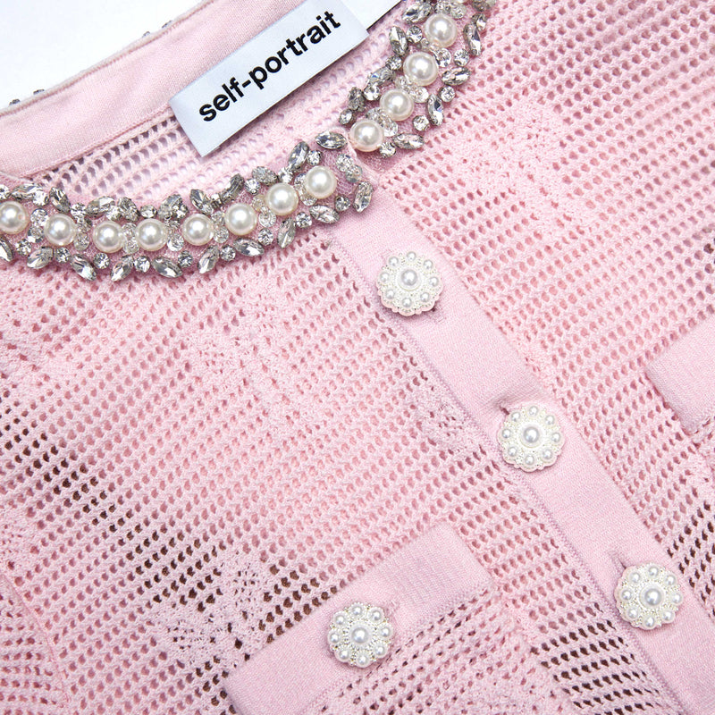 Self-portrait - Bow Crochet Crystal Trim Mini Dress - Pink