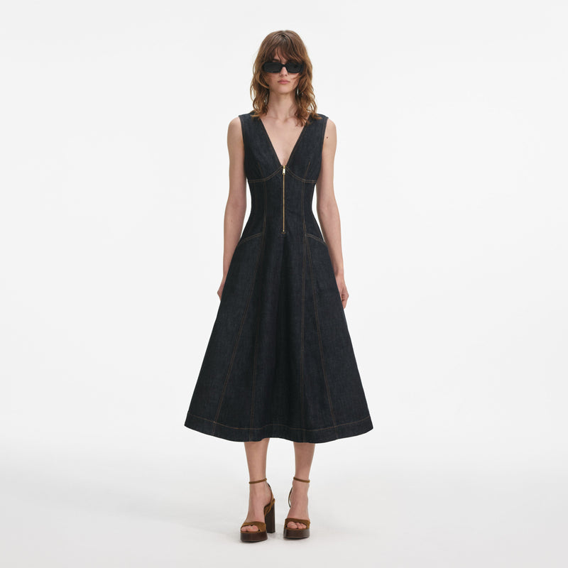 Self-portrait - Indigo Denim Midi Dress - Dark Blue Denim